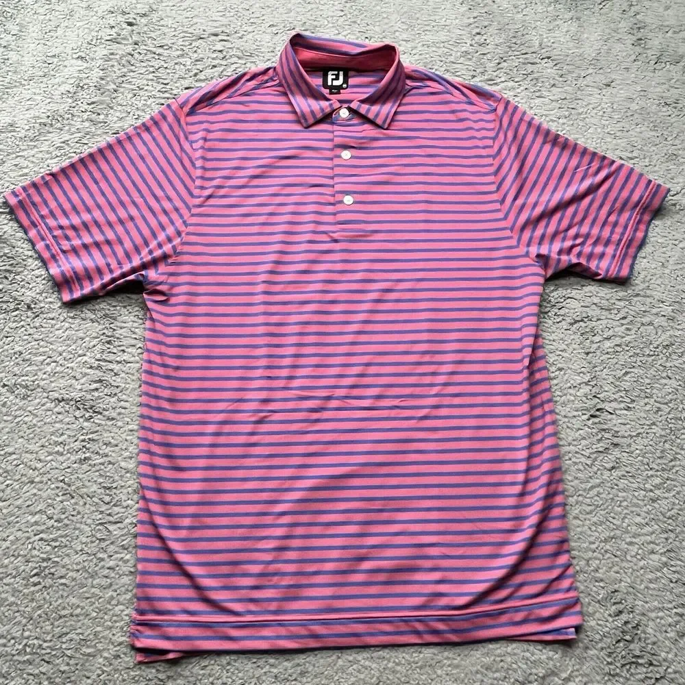 FootJoy Peformance Polo Mens M Stretch‎ Golf Shirt Pink w/ Blue Stripes